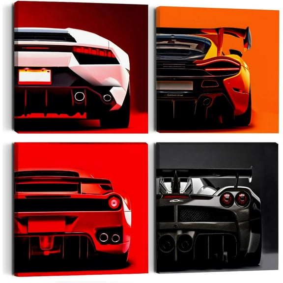 Car Wall Art 4PC Modern Car Canvas Wall Art Framed Colorful Classic Supercar Painting Picture Cool Racing Garage Wall Decor Black and White Themed Canvas Prints for Boys Room Man Cave Bedroom Office