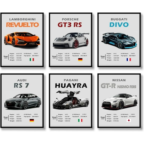 Car Wall Art Prints Set of 6 Modern Super Car Poster Racing Car Aesthetic Picture Wall Decor Canvas Vintage Art Wall Painting for Men Living Room Hallway (B, 8"x10" UNFRAMED)