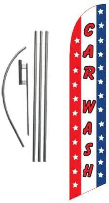 Car Wash Advertising Feather Banner Swooper Flag Sign with 15 Foot Flag Pole Kit and Ground Stake, Car Wash Signs for Outdoors