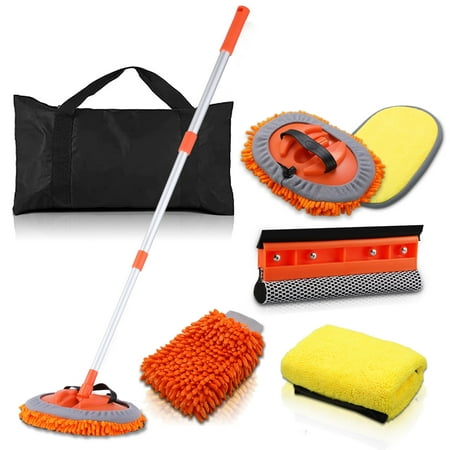 Car Wash Brush Kit with 45" Aluminum Alloy Long Handle, Car Wash Tools, Car Wash Mop Mitt, Chenille Microfiber Mitt Set, Car Cleaning Wash Kit, Window Squeegee, Wheel Brush, Cleaning Cloths