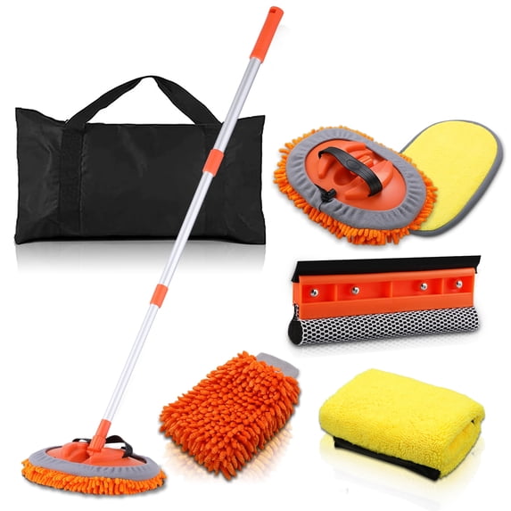 Car Wash Brush Kit with 45" Aluminum Alloy Long Handle, Car Wash Tools, Car Wash Mop Mitt, Chenille Microfiber Mitt Set, Car Cleaning Wash Kit, Window Squeegee, Wheel Brush, Cleaning Cloths