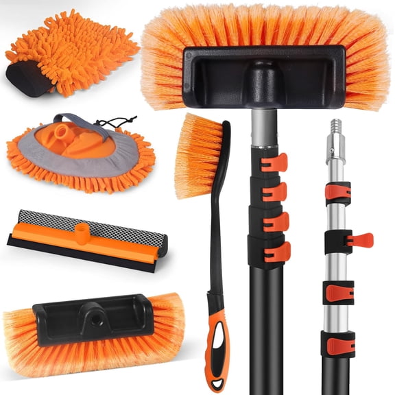 Car Wash Brush with Long Handle,144" Scratch-Free Soft Bristle Car Cleaning Kit with Extension Pole,Microfiber Clean Mop,Window Squeegee,Mitt,Wheel Brush for RV,Truck,SUV,Siding Washing