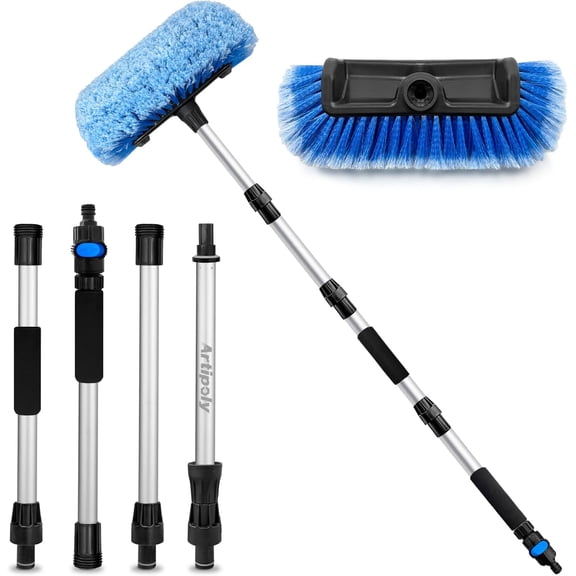 Car Wash Brush with Long Handle, Flow-Thru Soft Bristle Car Washing Brush with Extendable Handle and Hose Attachment and On/Off Switch for Car, RV, SUV, Truck, Boat, House Siding