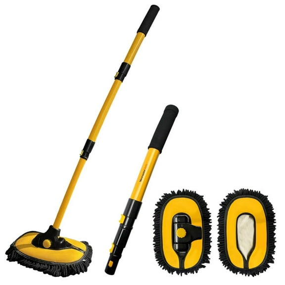 Car Wash Brush with Long Handle,Microfiber Car Wash Mop with Replaceable Chenille Brush Head,Soft Cleaning Brush with 15° Curved Extension Pole Car Wash Kit for RV Truck Camper,YELLOW