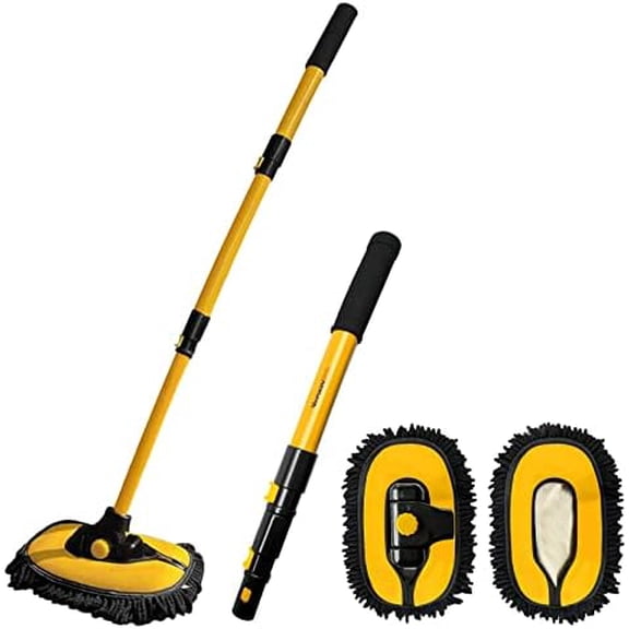 Car Wash Brush with Long Handle, Microfiber Car Wash Mop with Replaceable Chenille Brush Head, Soft Cleaning Brush with 15° Curved Extension Pole Car Wash Kit for RV Truck Camper, YELLOW
