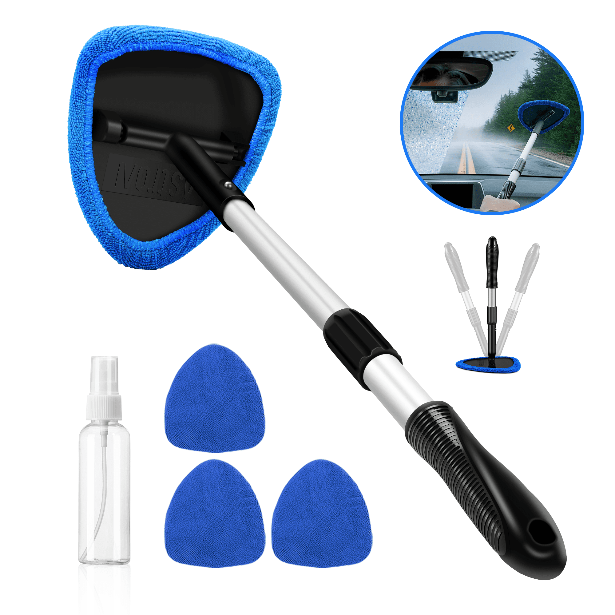 KwoKmarK Windshield Cleaner Tool Car Window Cleaning Wand Glass Microfiber  Brush Bigger Pad Thicker Softy Cloth, with Towel Spray Bottle Cloth Bag Kit  TTL 6Pcs