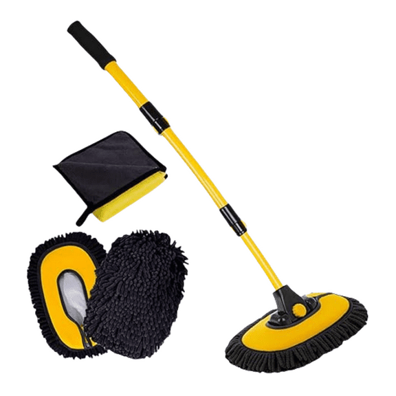 Car Wash Brush with Long Handle, Adjustable Extension Pole and 2 Replaceable Heads