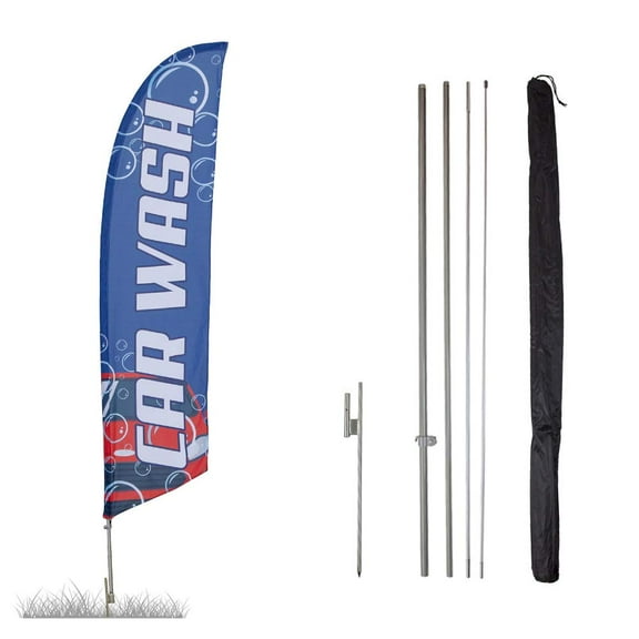 Car Wash Feather Flag Kit - 13.5ft Swooper Flag with Pole Set and Ground Spike - Printed in The USA