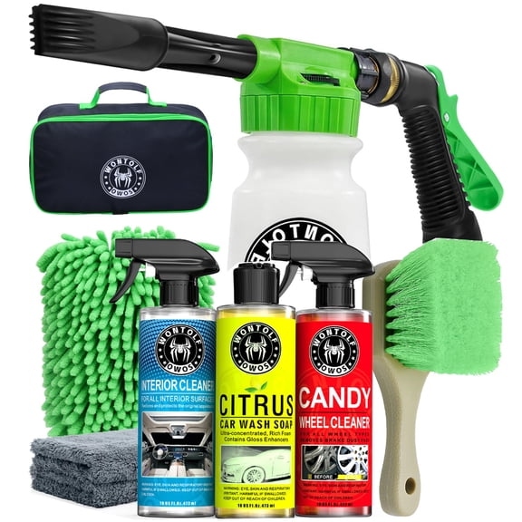 Car Wash Kit with Foam Gun, Car Wash Soap, Interior Detailer Cleaner, Wheel Cleaner, Car Care Cleaning Detailing Kit for Cars Trucks RVs SUVs Motorcycles (Works w/Garden Hose), 10 Items