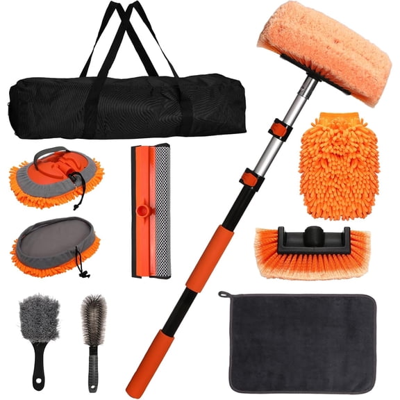 Car Wash Kit with Heavy-Duty Extension Pole, Soft Car Wash Brush, Wheel & Tire Brush, Scratch-Free Car Mop Mitt & Window Squeegee, Detailing Tool for Car Exterior & Interior Cleaning