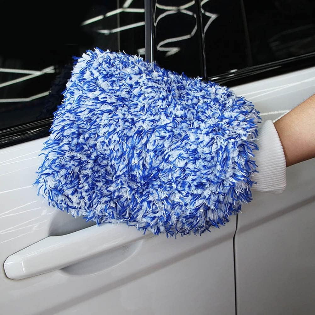 Car Wash Mitts Microfiber, Soft Thicken Car Wash Glove, Reusable Wash Mitt for Car Cleaning Blue White