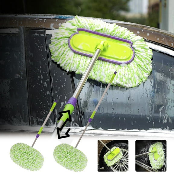 Car Wash Mop with Soft Bristle Brush | Telescopic Long Handle | Curved Ergonomic Pole | Scratch-Free Detailing Tool | Adjustable Length | Green | 49.6in | 1-Pack
