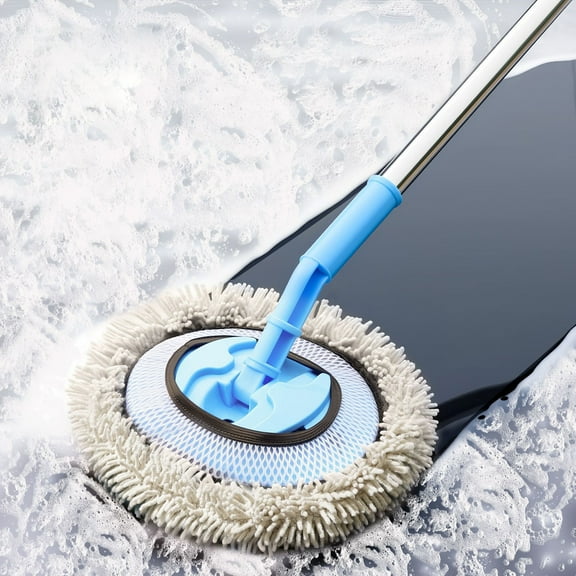 Car Wash Mop Sponge with Long Handle and Curved Chenille Head, Ultra-fine Cleaning Brush for Cars RVs Trucks, Automotive Wash Tool Accessories for Effortless Cleaning