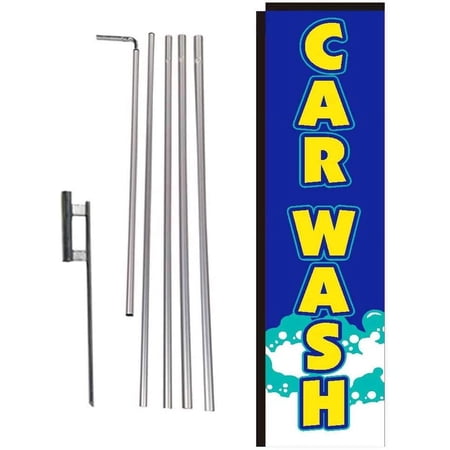 Car Wash Rectangle Feather Banner Flag with Pole Kit and Ground Spike for Car Wash, Auto Detail, and Hand Wash Business Owners, Blue