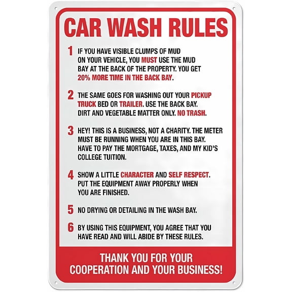 Car Wash Rules Aluminum Metal Sign 8"x12" - Pre-Drilled Holes, Easy-Mount for Indoor Outdoor Fence Door Gate, Clear Rules Signage