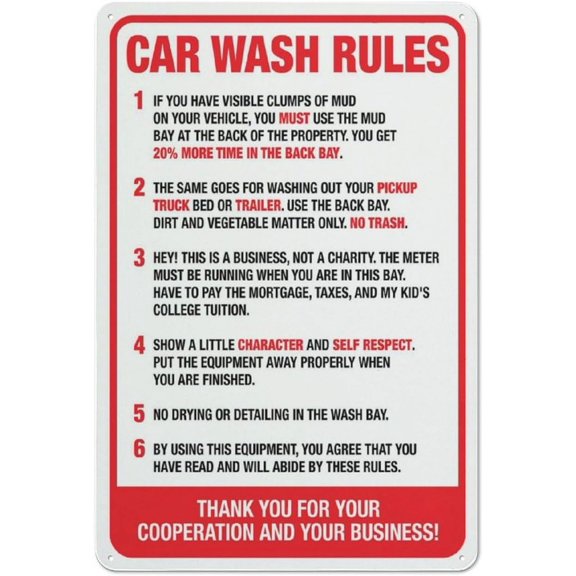 Car Wash Rules Sign Metal Signs Aluminum Sign Pre-Drilled Holes For Easy Mounting Indoor Or Outdoor Use For Fence Door Or Gate