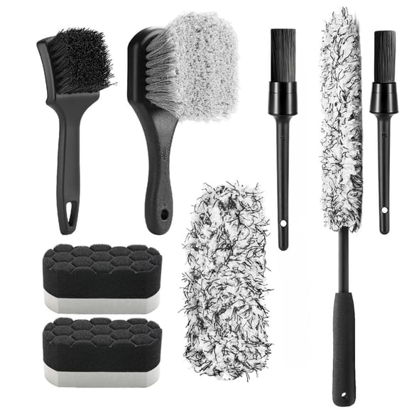 Car Wheel Brush Set, 8 Piece Kit with Soft Bristle Tire Brush, Microfiber Brush, Rim Cleaner & Detailing Tools