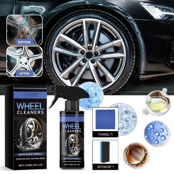 Car Wheel Cleaner, 120ml Ultimate Brake Dust and Road Dirt Remover Spray for Alloy, Chrome, Painted Wheels, pH-Balanced Safe Formula, Sponge and Cloth