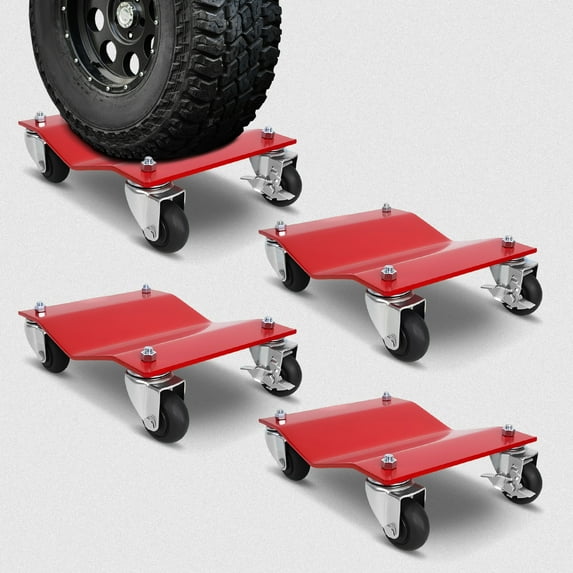 Car Wheel Dolly, 10000 LBS Capacity Car Dolly Set of 4, Heavy Duty - 6mm Thick Steel Vehicle Dollies with Brakes, Moving Cars, Trucks, Trailers, Motorcycles, and Boatse (Red)