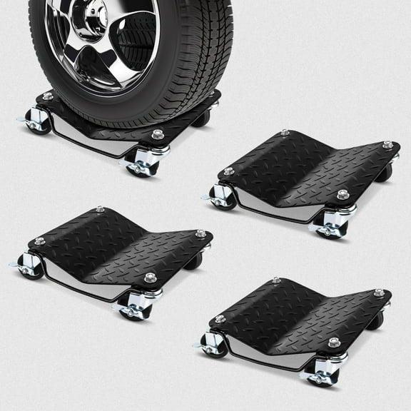 Car Wheel Dolly, 6000 LBS Capacity Car Dolly Set of 4, Heavy Duty - 5mm Thick Steel Vehicle Dollies with Brakes, Moving Cars, Trucks, Trailers, Motorcycles, and Boatse (Black)