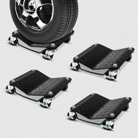 Car Wheel Dolly, 6000 LBS Capacity Car Dolly Set of 4, Heavy Duty - 5mm Thick Steel Vehicle Dollies with Brakes, Moving Cars, Trucks, Trailers, Motorcycles, and Boatse (Black)