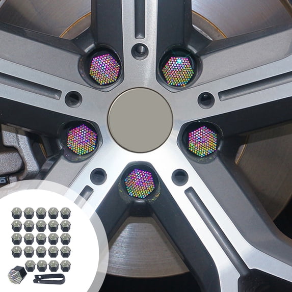 Car Wheel Hub Screw Cap | Diamond Studded Tire Nut Cover | Decorative Multicolor 20-Pack | Scratch Resistant, Rust Preventive, Plastic, Fits 19mm Diameter