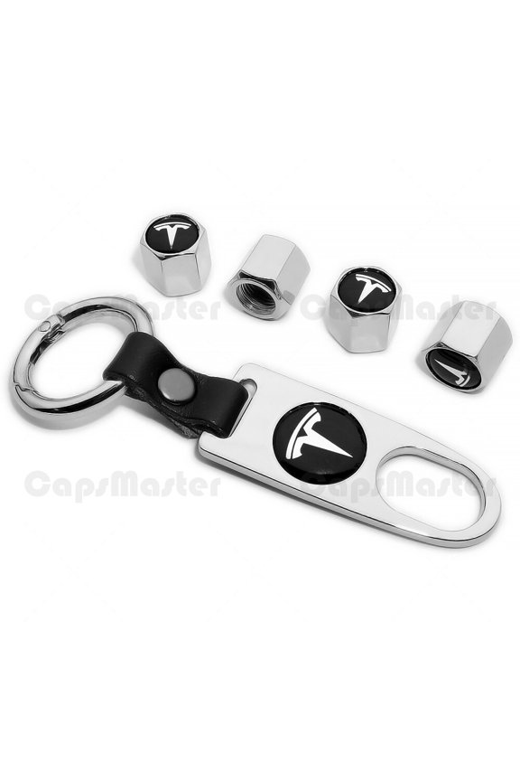 Car Wheels Tire Valve Dust Stem Air Cap Cover + Keychain Ring Tesla Logo Sport