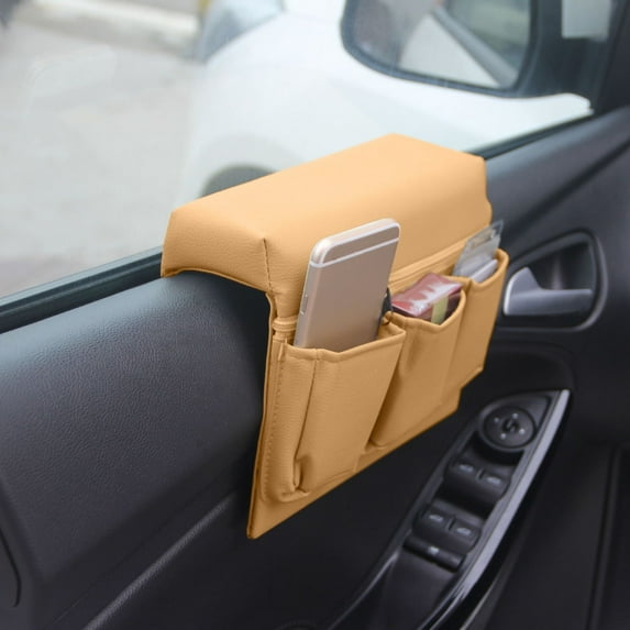 Car Window Armrest Storage Box, DELESYS Leather Vehicle Side Door Organizer with Multiple Pockets, Comfortable Automotive Arm Elbow Rest Pad Bag Accessories, Universal for Most Cars (Beige)