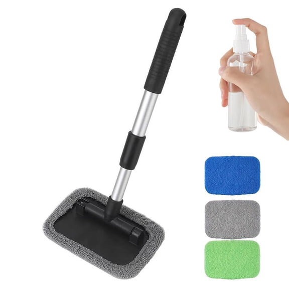 Car Window Cleaner with Extendable Handle and 4 Microfiber Pads, Upgrade Large Head Car Window Cleaning Kit, Dry&Wet Use for Auto Glass, Trucks, SUVs, RVs, Home