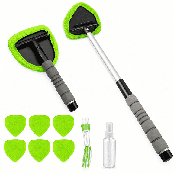 KOYMISKU Car Wash Brush, Windshield Cleaning Wand, Car Window Cleaning Kit with Spray Bottle for Interior Auto Glass, Lime Green, for Gift