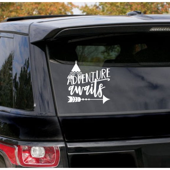Car Window Decals Adventure Awaits Quote with Arrow Camper Sticker Art 7.5x7.5-Inch Glossy White