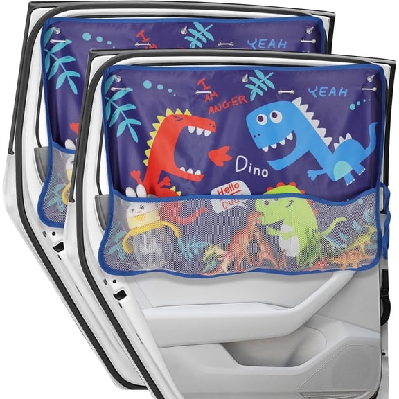 Car Window Shade for Baby, 2 Pack Car Sun Shades with Storage Net Pocket Auto Window Curtain 7 Suction Cups Blue Dinosaurs for Sun/Heat/UV Rays Protection Kids