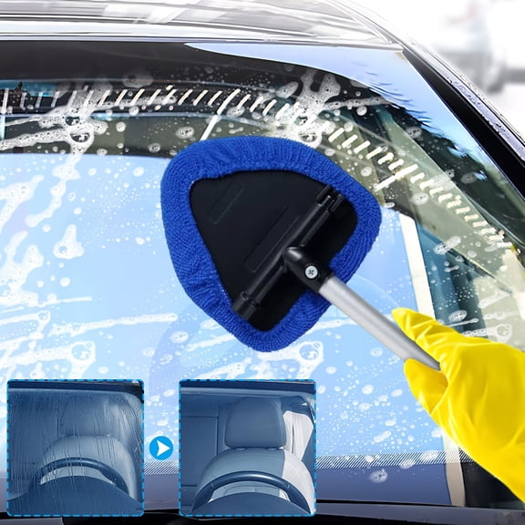 Car Windshield Cleaner Brush,180 Degree Rotating Telescopic Handle,4 Reusable Washable Pads,Multi Purpose Glass Mirrors Cleaning,Demister Tool for SUV RV Truck(100ML Spray Bottle Included)