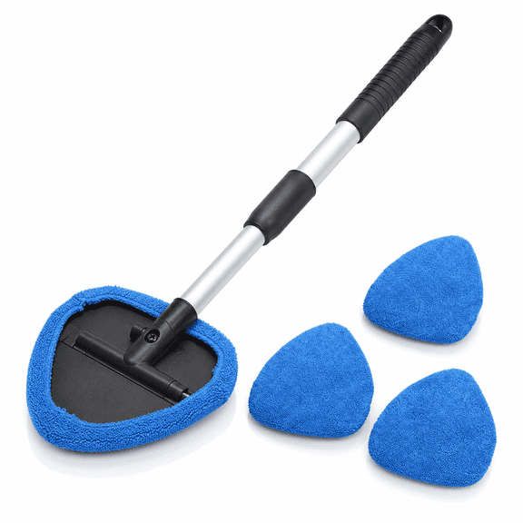 Car Windshield Cleaner,Microfiber Auto Cleaning Wiper with Aluminum Extendable Handle and 2 Washable Reusable Cloth Pad Head,Universal Vehicle Interior Exterior Cleaner Kit (Blue-Triangle)