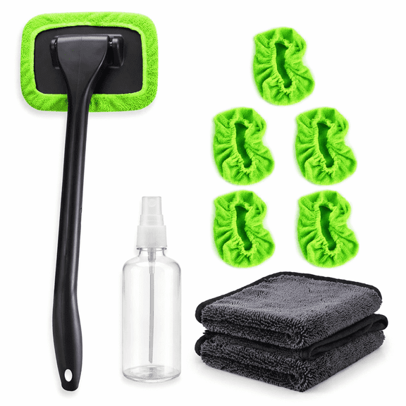 Car Windshield Cleaner Tool Kit with Spray Bottle, 5 Reusable Microfiber Covers, 2 Towels, Interior Glass Cleaner for Dashboard & Windows, Blue