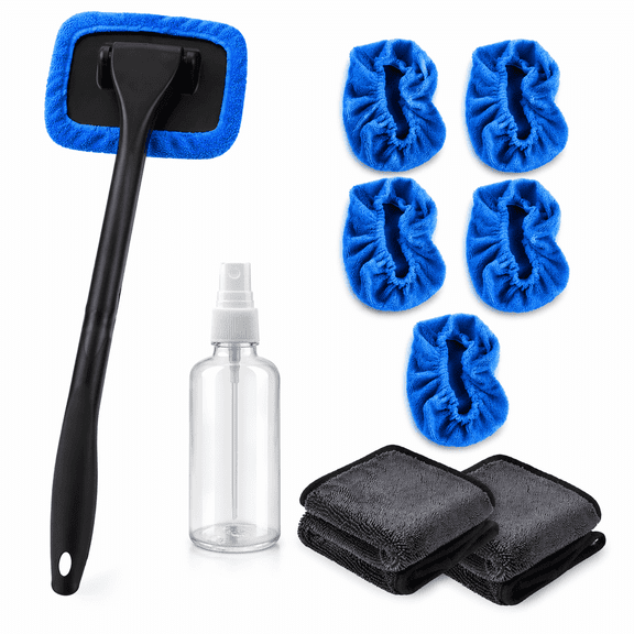 Car Windshield Cleaner Tool Kit with Spray Bottle, 5 Reusable Microfiber Covers, 2 Towels, Interior Glass Cleaner for Dashboard & Windows, Blue