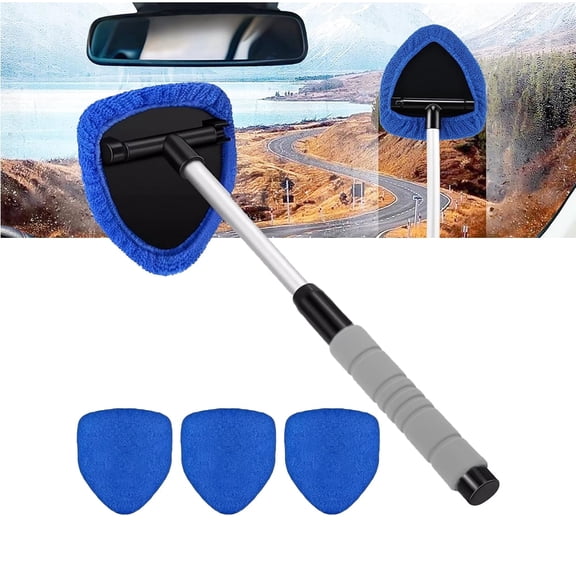 Car Windshield Cleaning Tool Extendable Microfiber Glass Wiper + 4 Reusable Pads,Gray