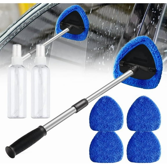 Car Windshield Cleaning Tool Set, Inside Car Window Cleaner Tool with Extendable Handle and 4 Washable Reusable Microfiber Pads, Auto Interior Exterior Glass Wiper Cleaning Kit (1, Blue)