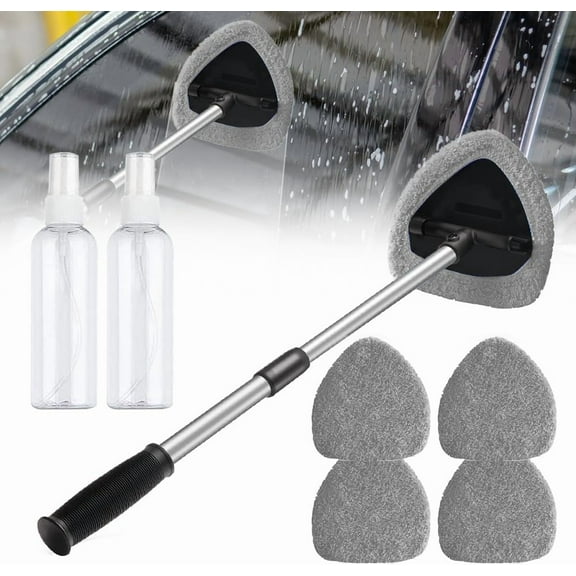 Car Windshield Cleaning Tool Set, Inside Car Window Cleaner Tool with Extendable Handle and 4 Washable Reusable Microfiber Pads, Auto Interior Exterior Glass Wiper Cleaning Kit (1, Gray)
