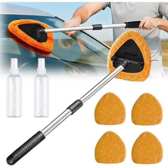 Car Windshield Cleaning Tool Set, Interior Exterior Auto Glass Cleaner Kit with Extendable Handle and 4 Reusable Microfiber Pads for Cars Trucks and Home (Grey)