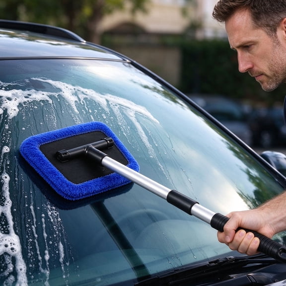 Car Windshield Cleaning Tool, Telescoping Window Wand with 2 Microfiber Pads and Spray Bottle for Interior Auto Glass Care and Routine Vehicle Cleaning
