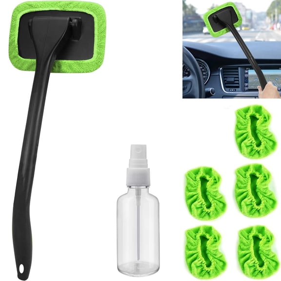 Car Windshield Cleaning Tool, Windshield Cleaner with 5 Washable and Reusable Microfiber Pads and Extendable Handle, for Auto Glass Wiper (Green)