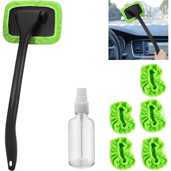 Car Windshield Cleaning Tool with Extendable Handle - 5 Pack Washable Microfiber Pads for Auto Glass Wiper (Green)
