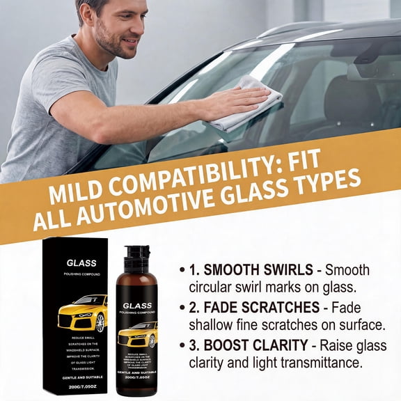Car Windshield Glass Polishing Liquid, 7.05 Oz Plastic Bottle AutoGlass Scratch Swirl Remover Fluid, NonAbrasive Clear Polish for Automotive Window and Rearview Mirror Surfaces