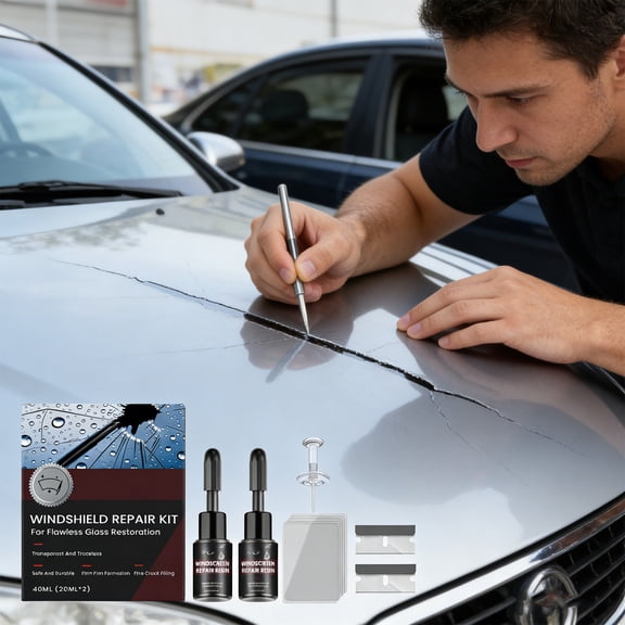 Car Windshield Kit 40ml – Crack and Chip Resin with Vacuum Tool for DIY Windshield Crack Fix, Anti-Leak, Clear Glass Restoration