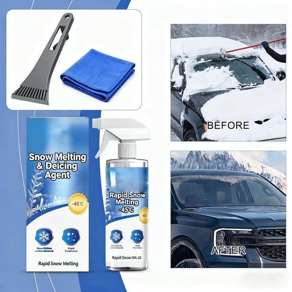 Car Windshield Snow Melting Coating Spray, Snow Repellent Spray De-Icer for Cars Fast Ice & Snows Remover, Winter Windshield & Glass Coating Protection Ice Melting With de-icer and cloth 12oz