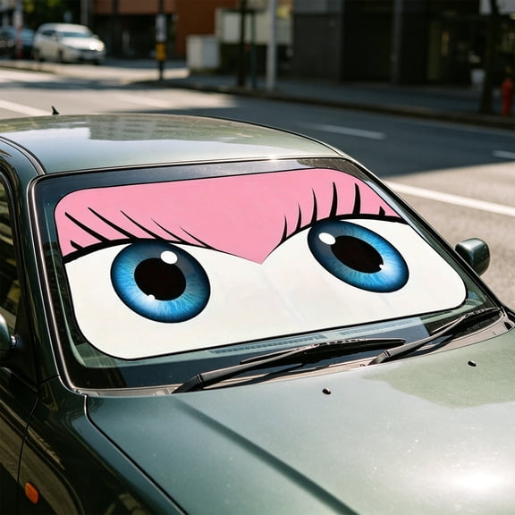 Car Windshield Sun Shade, Cartoon Eyes Car Sun Shade, Windshield Cover Universal Fits Mid-Large Sedan SUV Crossover Family Vehicle, UV Heat Protection 27.5*60IN A