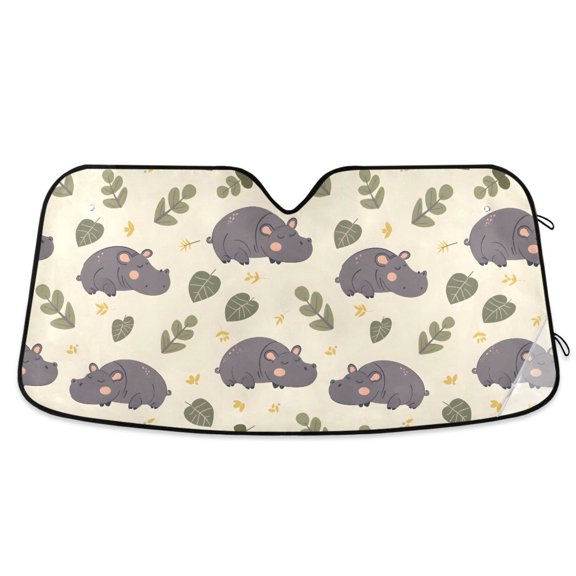 Car Windshield Sun Shade Cute Sleepy Hippo Vector Pattern in Flat Style Reflective Heat UV Blocker Foldable with Suction Cups Universal Fit for Sedan SUV Truck