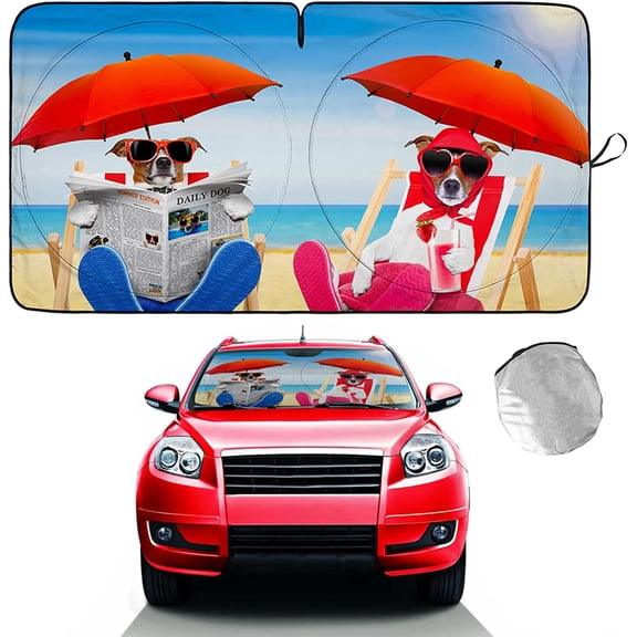 Car Windshield Sun Shade, Dogs & Umbrella Auto Sun Shade Foldable for Front Window Sun Visor Protector UV Ray Reflector Shield to Keep Vehicle Cool Protect Kids Baby & Pets (59 x 33.5 Inch)
