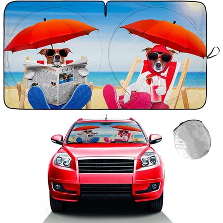 ASTRAEA Car Windshield Sun Shade, Funny Foldable Auto Sunshade with Holiday Dogs Design, Blocks Uv Rays Sun Visor Protector for Most SUV Truck Pickup